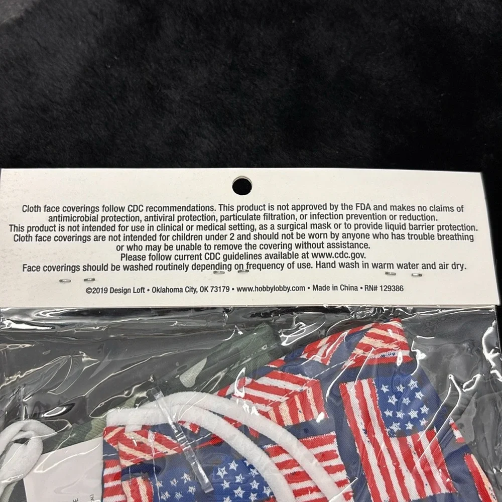 NWT Fashion Design Loft Camouflage & Flag Fabric Face Coverings Masks Washable